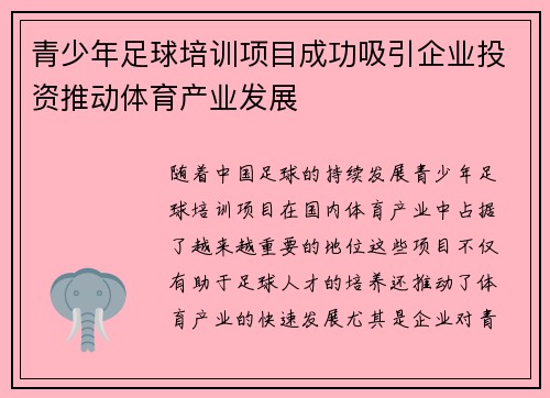 青少年足球培训项目成功吸引企业投资推动体育产业发展