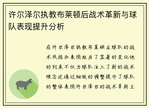 许尔泽尔执教布莱顿后战术革新与球队表现提升分析