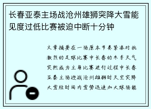 长春亚泰主场战沧州雄狮突降大雪能见度过低比赛被迫中断十分钟