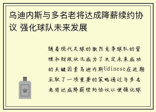 乌迪内斯与多名老将达成降薪续约协议 强化球队未来发展
