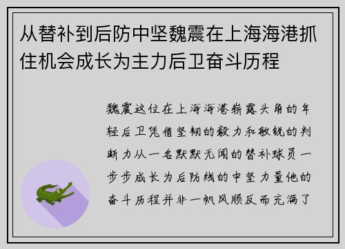 从替补到后防中坚魏震在上海海港抓住机会成长为主力后卫奋斗历程