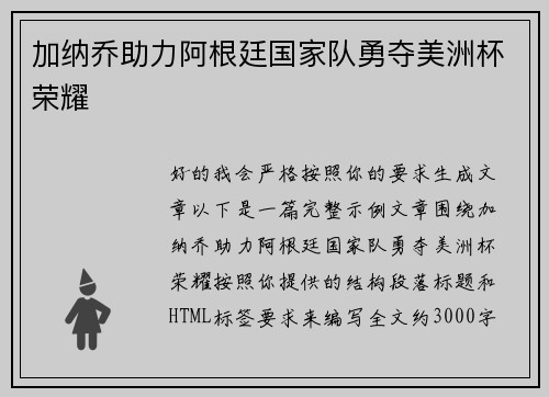 加纳乔助力阿根廷国家队勇夺美洲杯荣耀