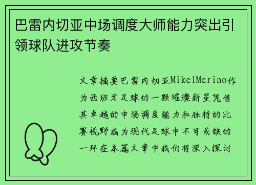 巴雷内切亚中场调度大师能力突出引领球队进攻节奏