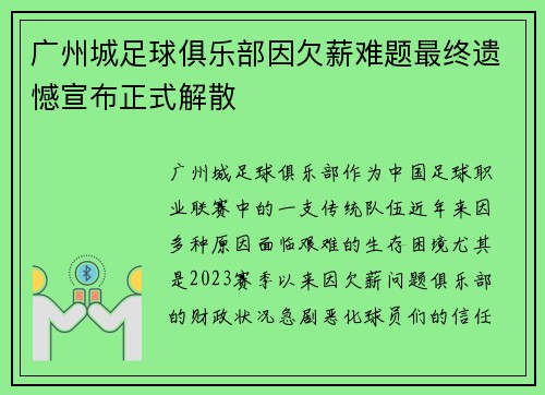 广州城足球俱乐部因欠薪难题最终遗憾宣布正式解散
